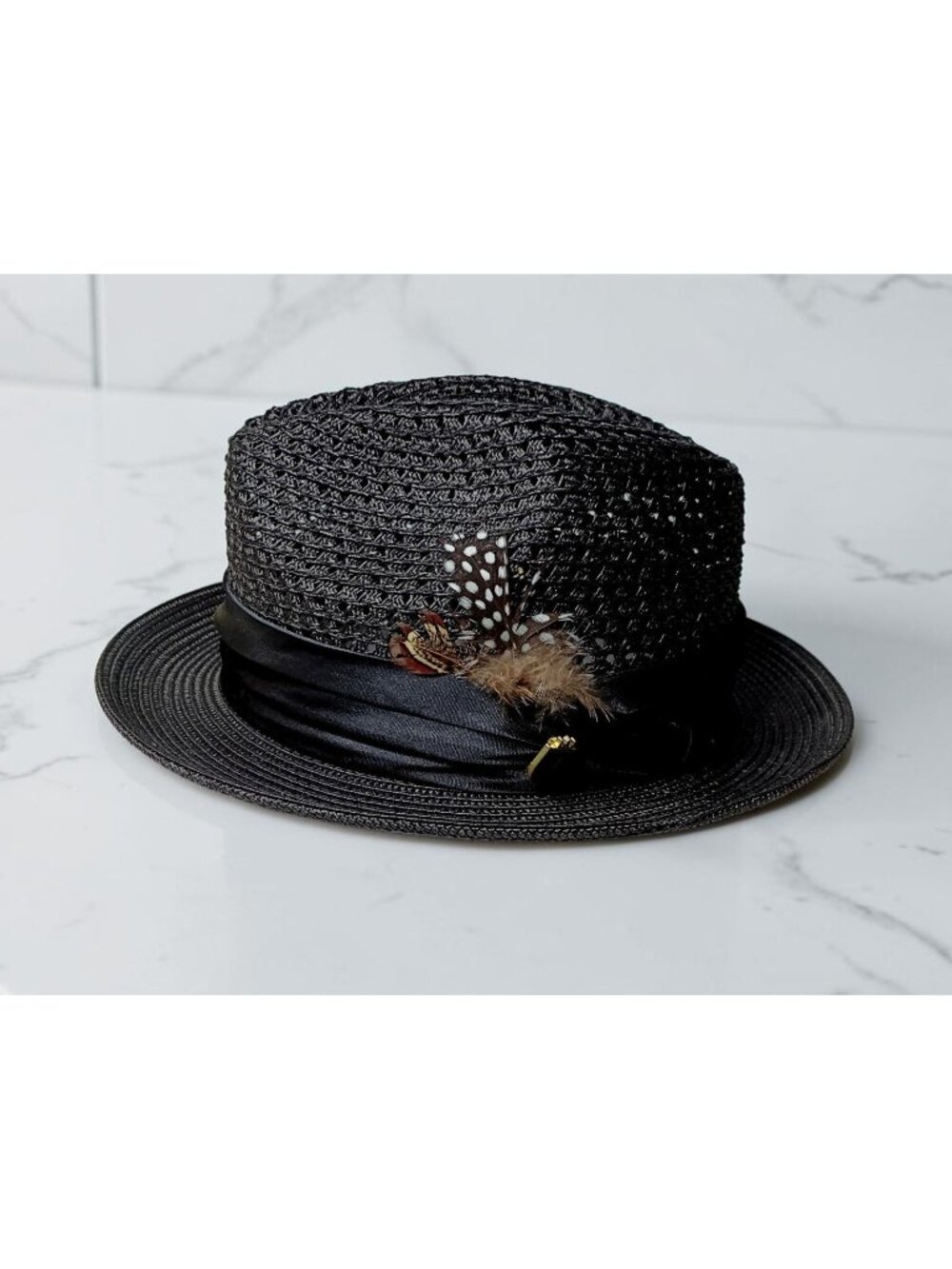 Montique Black Pinch Braided Fedora Brim Hat S 6 7/8" Poly Logo Feathers New